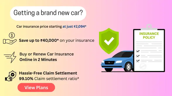 Blue car facing left with protected tick above it, highlighting Acko car insurance benefits: 2-minute policy, hassle-free claim settlement, and saving up to ₹40,000 on a new car