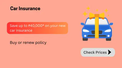 New blue car facing front with yellow ribbon on peach background, highlighting ₹40,000 offer on new car policy and easy car insurance coverage