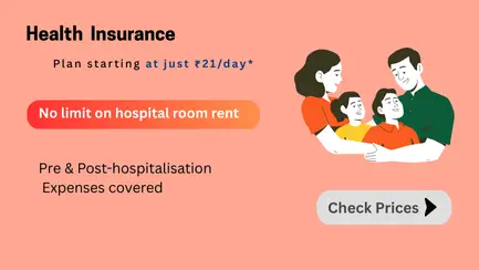 a healthy family of a parent and 2 kids hugging together in a peach back ground , highlighting a health insurance plan starts just at 21/ day and covers post and pre medical bills