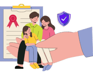 A big hand safely carrying a family who is sitting happily together, above them a blue shield on right and an insurance paper document on the right side with a certified symbol indicating the family is protected by insurance plan